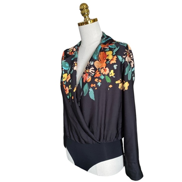 ZARA BLACK FLORAL PRINT BODYSUIT WITH LAPEL COLLAR  SATIN BLOUSE WOMENS SIZE S - Picture 7 of 12